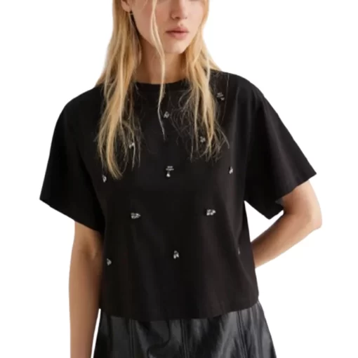 MARELLA ARNALDO CRYSTAL-ADORNED CROPPED T-SHIRT ΜΠΛΟΥΖΑ 2523976021-002-BLACK - Image 3